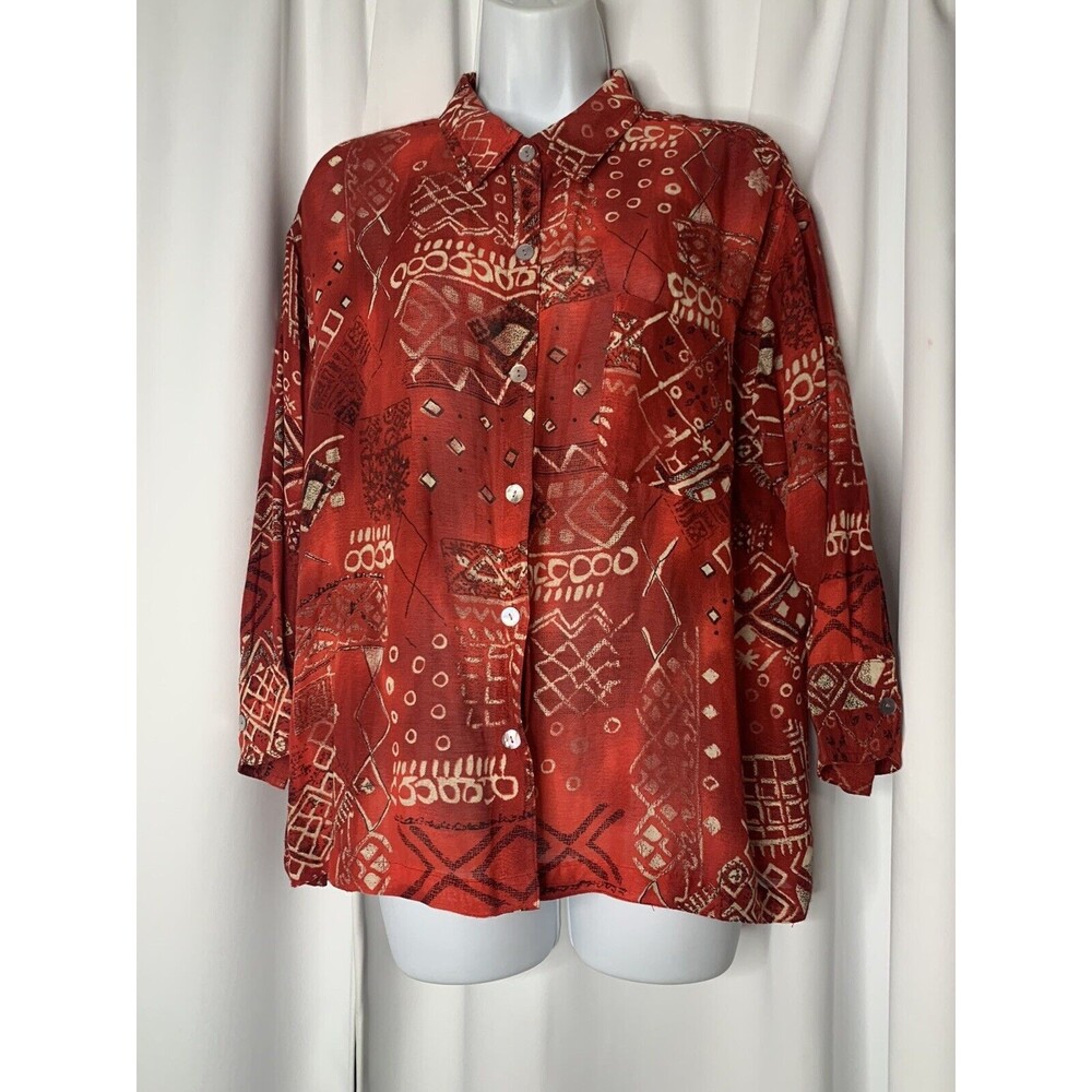 Chicos Design VTG Linen Tribal Art Print Button Up Top sz 2 Large 12